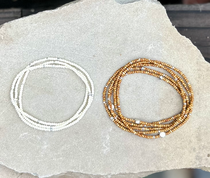 Speckled Tan & Silver-Sprinkled Beaded Boho Wrap Bracelet