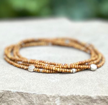 Speckled Tan & Silver-Sprinkled Beaded Boho Wrap Bracelet