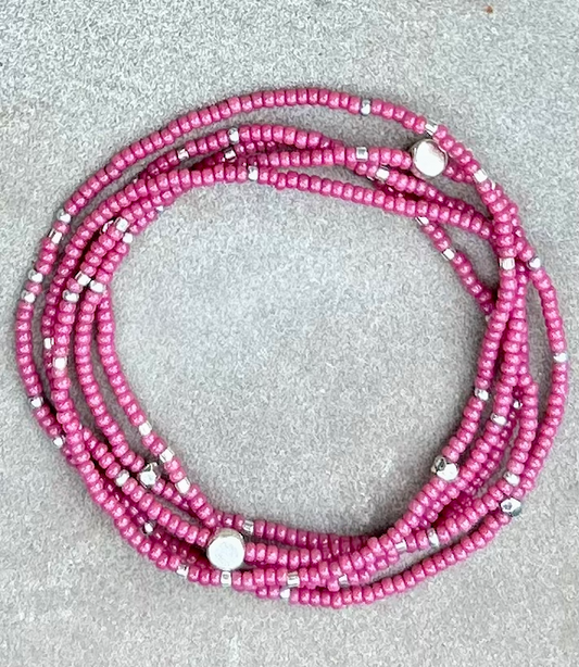 Fuchsia Silver-Sprinkled Beaded 5-Wrap Bracelet