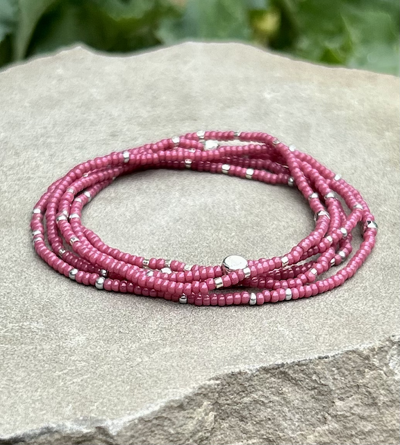 Fuchsia Silver-Sprinkled Beaded 5-Wrap Bracelet