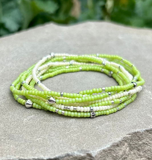 Double-Up 2-Piece Chartreuse & White Silver-Sprinkled Beaded Wrap Bracelet