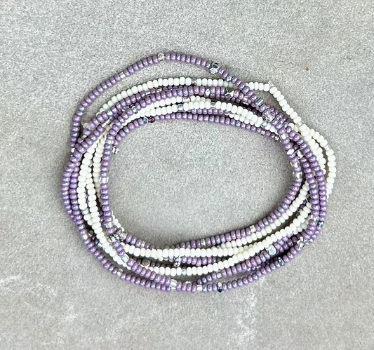 Double-Up Lilac & White Silver-Sprinkled Beaded Wrap Bracelet