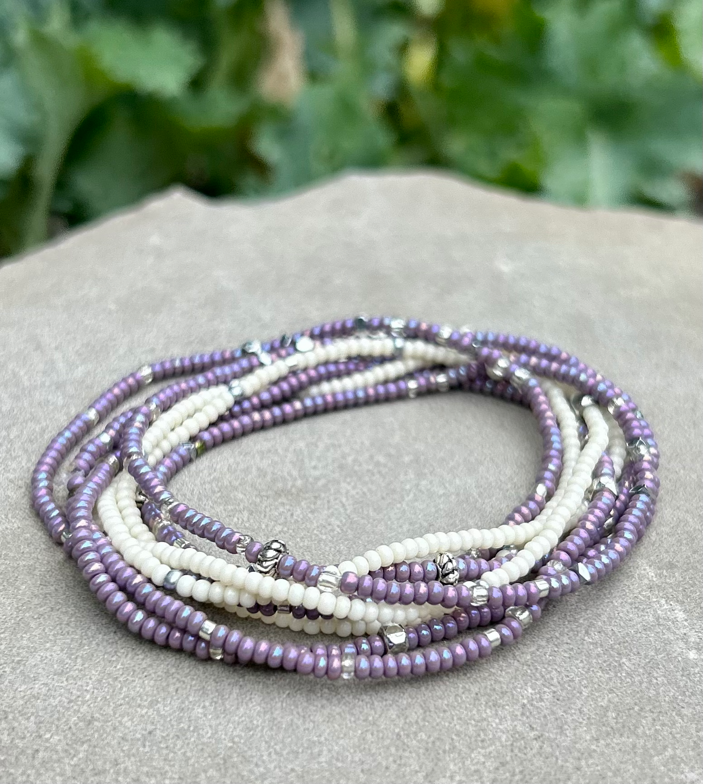 Double-Up Lilac & White Silver-Sprinkled Beaded Wrap Bracelet