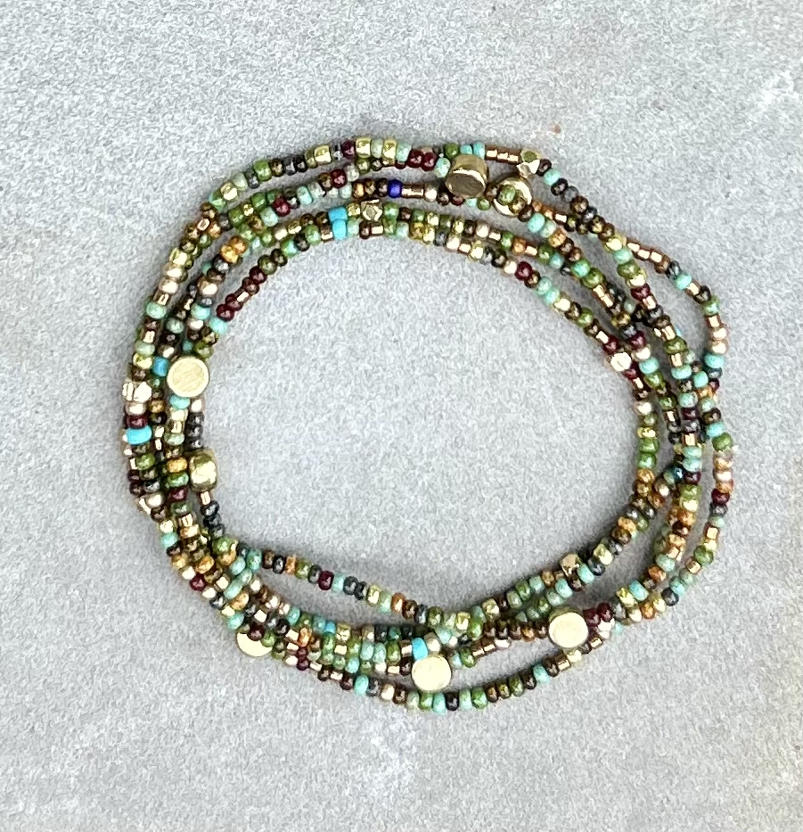 Greens Browns & Gold Mix 5-Wrap Seed Bead Bracelet