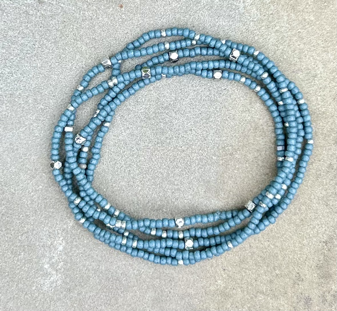 Pale Blue & Silver-Sprinkled Beaded Boho Wrap Bracelet