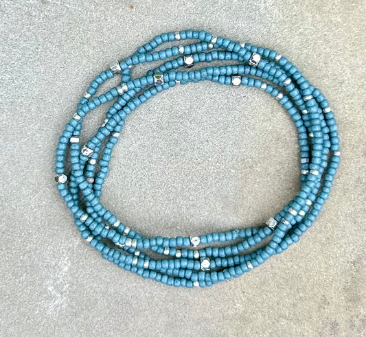 Pale Blue & Silver-Sprinkled Beaded Boho Wrap Bracelet