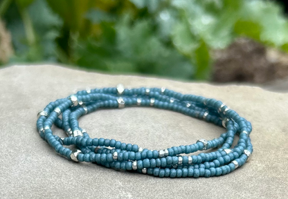Pale Blue & Silver-Sprinkled Beaded Boho Wrap Bracelet