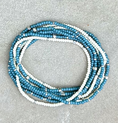 Pale Blue & Silver-Sprinkled Beaded Boho Wrap Bracelet