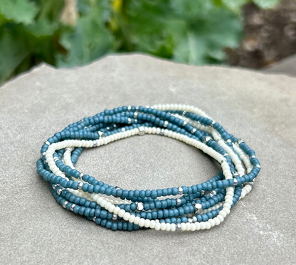 Pale Blue & Silver-Sprinkled Beaded Boho Wrap Bracelet