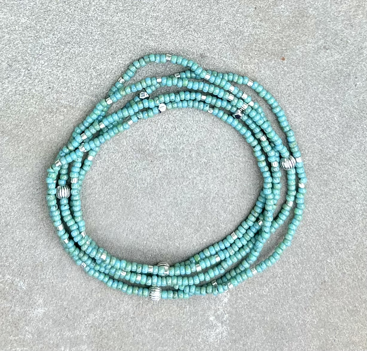 Double-Up 2-Piece Turquoise & Silver Beaded Wrap Bracelet