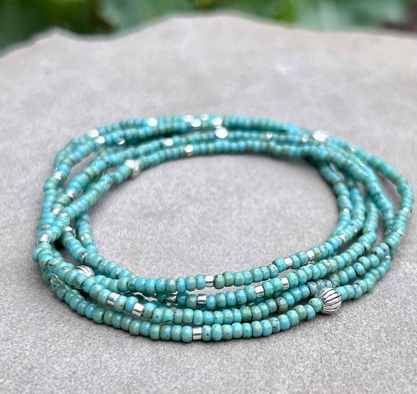 Speckled Turquoise & Silver-Sprinkled Beaded Boho Wrap Bracelet