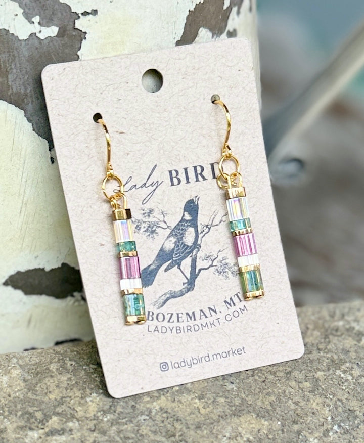 Purple Haze Tila Bead Dangle Earrings in Silver or Gold