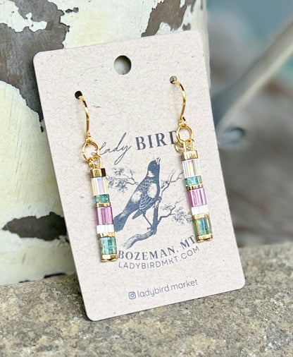 Purple Haze Tila Bead Dangle Earrings in Silver or Gold