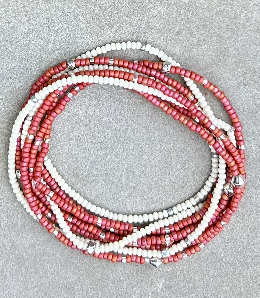 Double-Up 2-Piece Brick Red & Silver-Sprinkled Beaded Bracelet