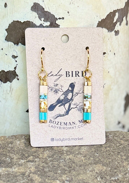 Blue Lagoon Tila Bead Dangle Earrings in Silver or Gold