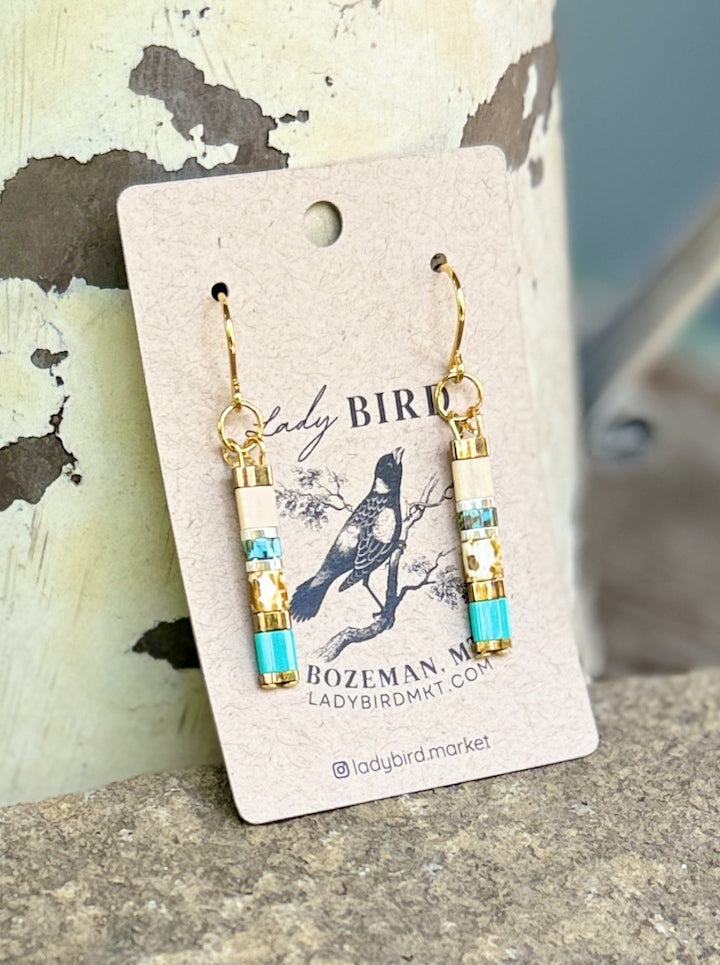 Blue Lagoon Tila Bead Dangle Earrings in Silver or Gold