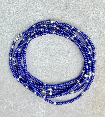 Violet Blue & Silver-Sprinkled Beaded Boho Wrap Bracelet