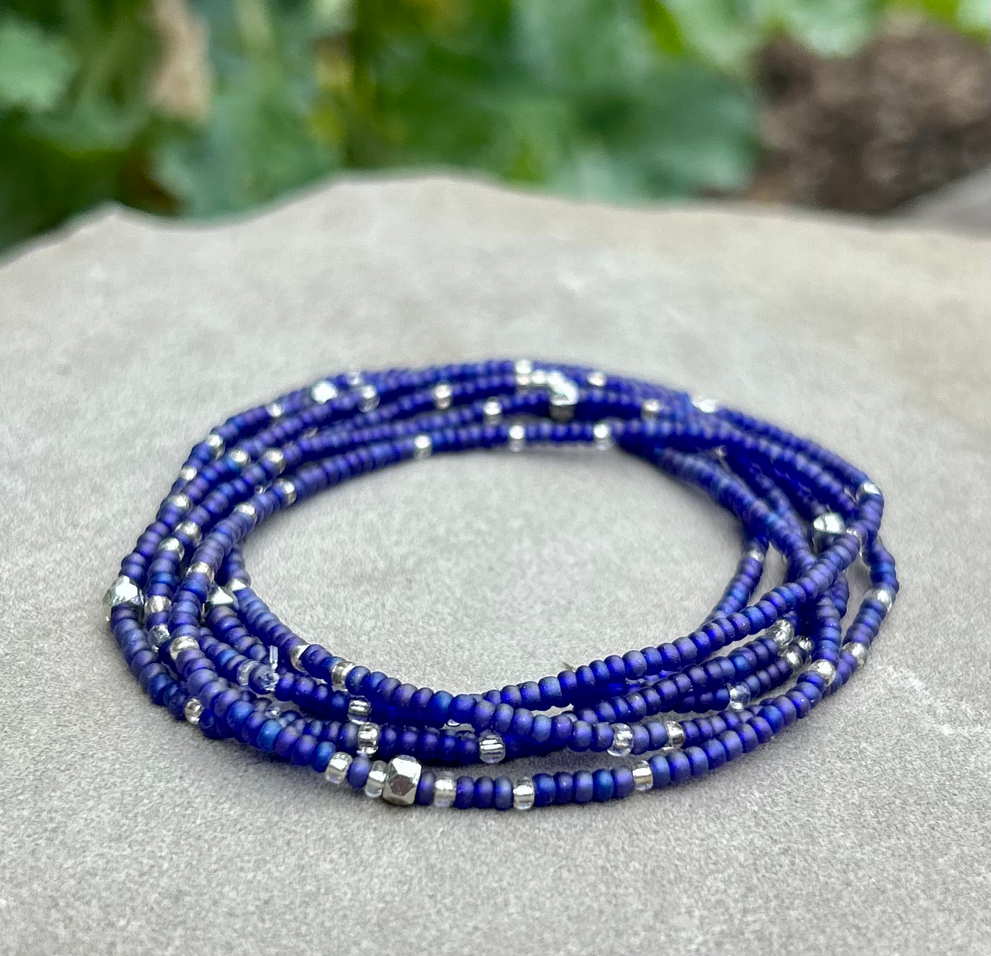 Violet Blue & Silver-Sprinkled Beaded Boho Wrap Bracelet