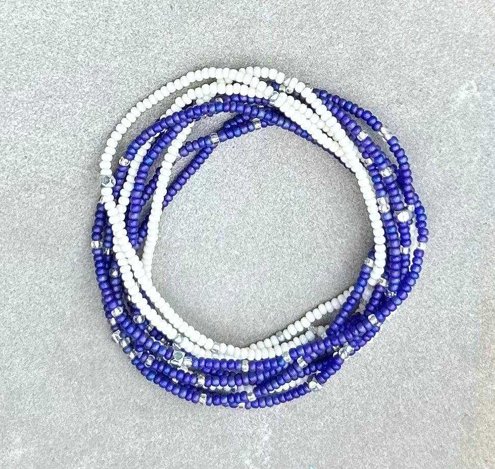 Violet Blue & Silver-Sprinkled Beaded Boho Wrap Bracelet