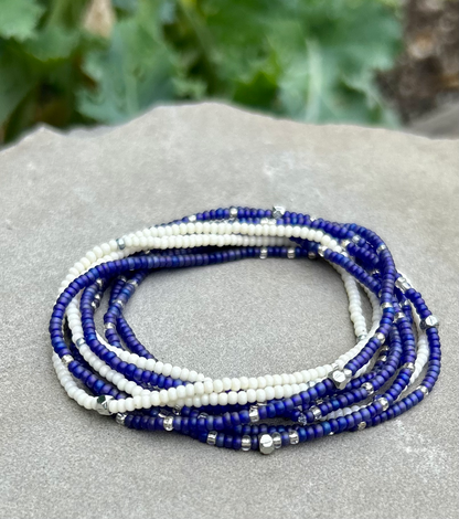Violet Blue & Silver-Sprinkled Beaded Boho Wrap Bracelet