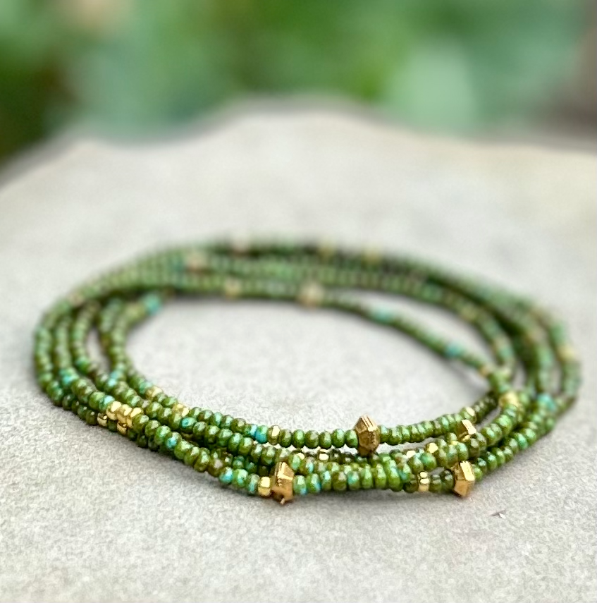 Hunter Green & Gold-Sprinkle Beaded Boho Wrap Bracelet