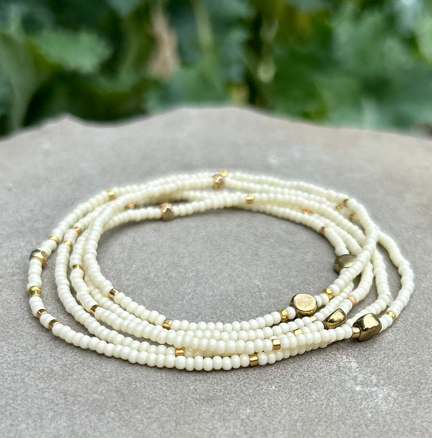 Creamy White Gold-Sprinkled Beaded 5-Wrap Boho Bracelet