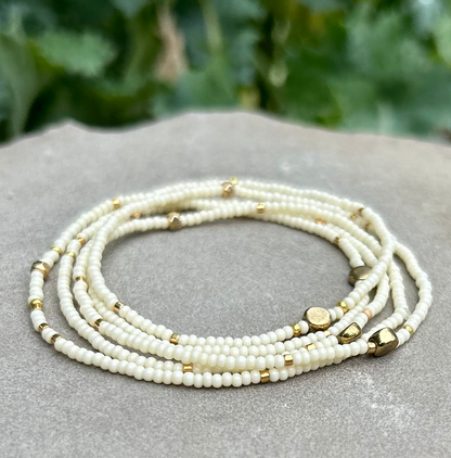 Creamy White Gold or Silver-Sprinkled Beaded 5-Wrap Boho Bracelet