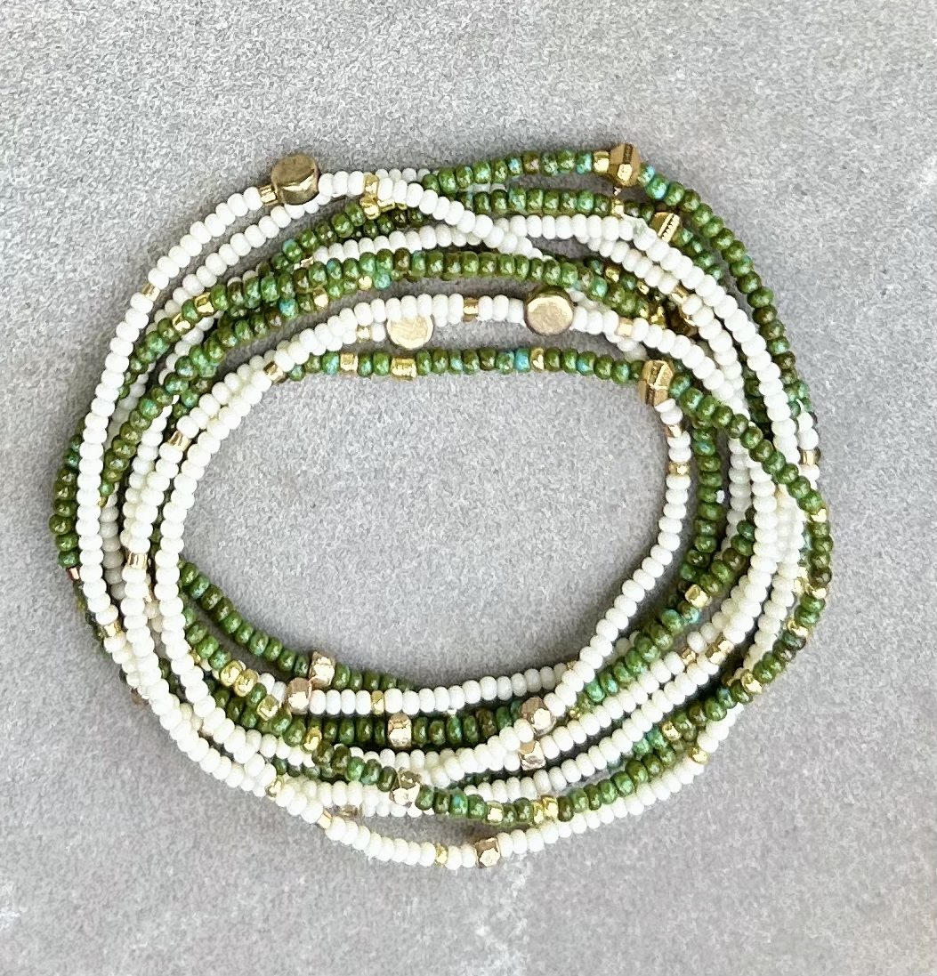 Hunter Green & Gold-Sprinkle Beaded Boho Wrap Bracelet