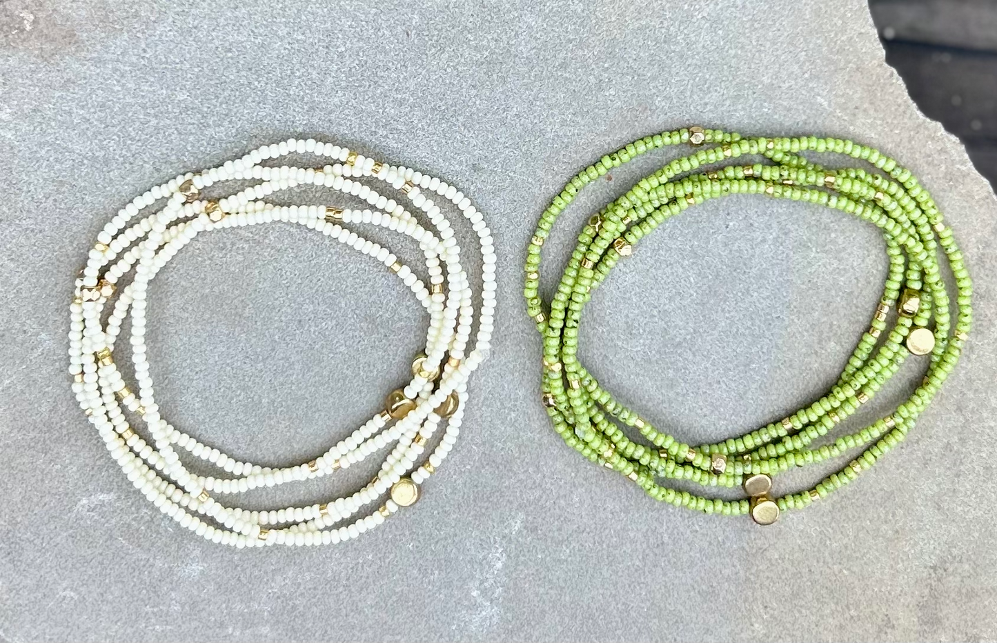 Speckled Lime Green & Gold-Sprinkled Beaded 5-Wrap Bracelet