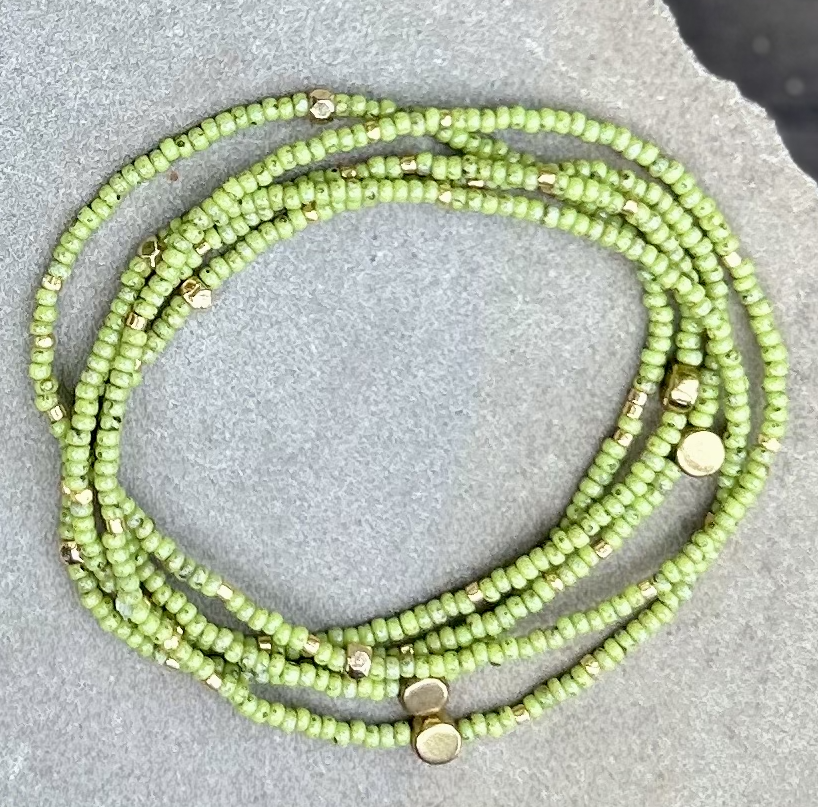 Speckled Lime Green & Gold-Sprinkled Beaded 5-Wrap Bracelet