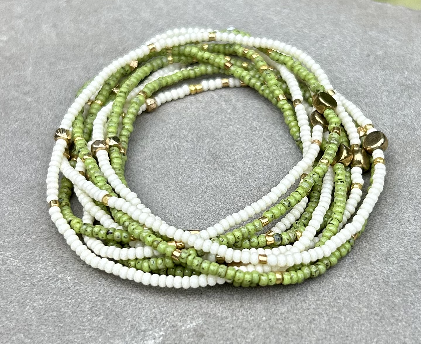 Double-Up 2-Piece Speckled Lime Green & Gold-Sprinkled Beaded Wrap Bracelet