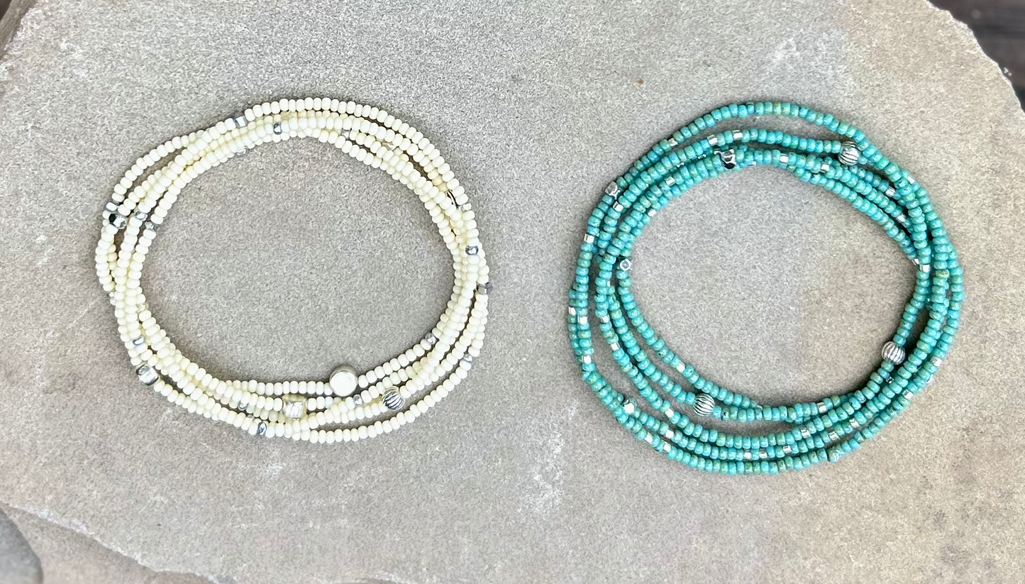 Speckled Turquoise & Silver-Sprinkled Beaded Boho Wrap Bracelet