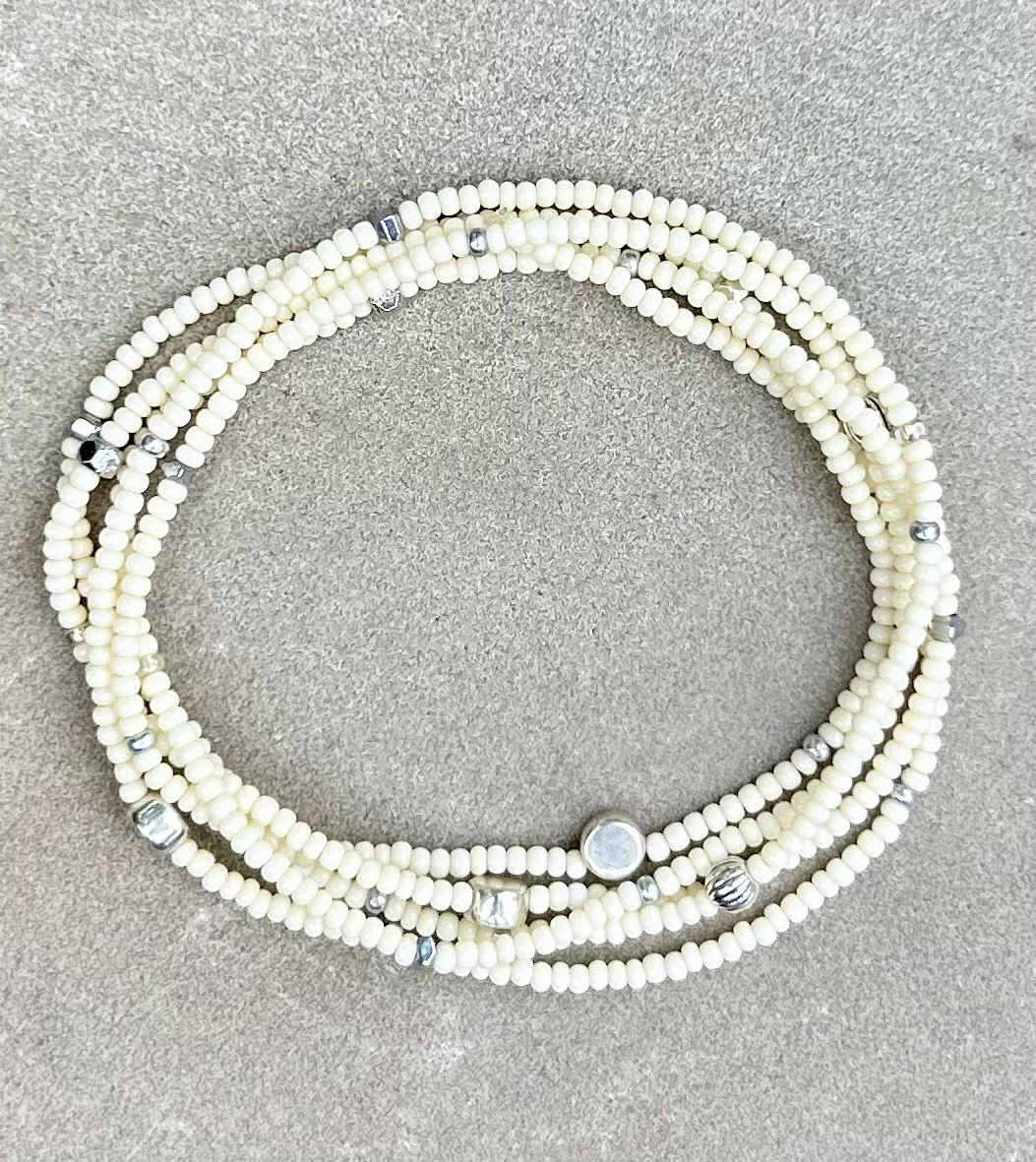 Creamy White Silver-Sprinkled Beaded 5-Wrap Boho Bracelet