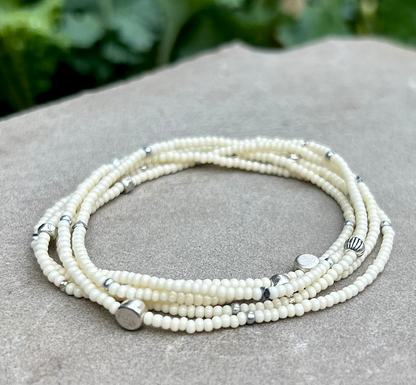 Creamy White Gold or Silver-Sprinkled Beaded 5-Wrap Boho Bracelet