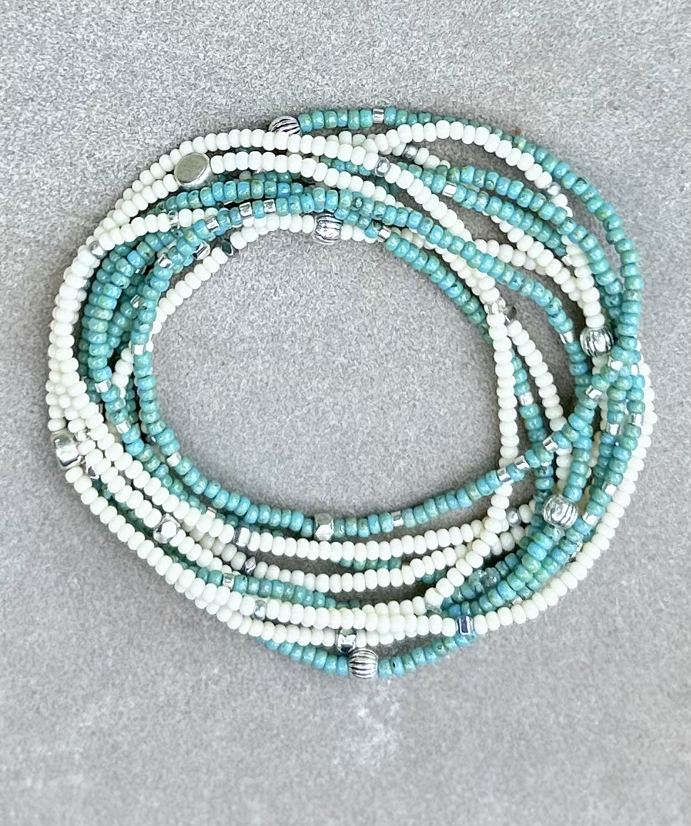 Speckled Turquoise & Silver-Sprinkled Beaded Boho Wrap Bracelet