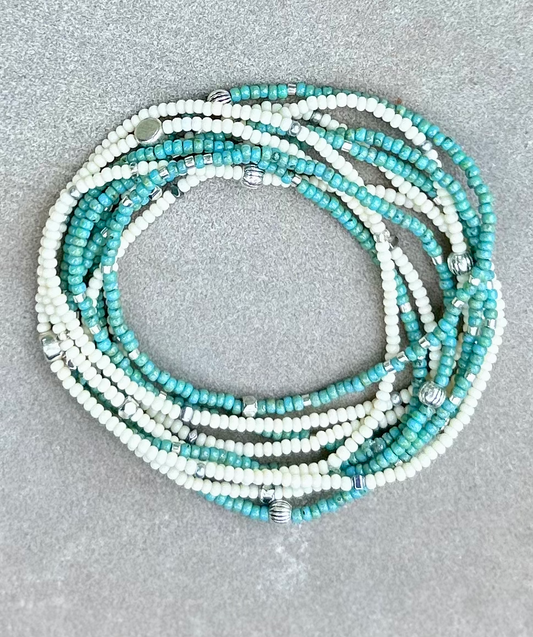 Double-Up 2-Piece Turquoise & Silver Beaded Wrap Bracelet