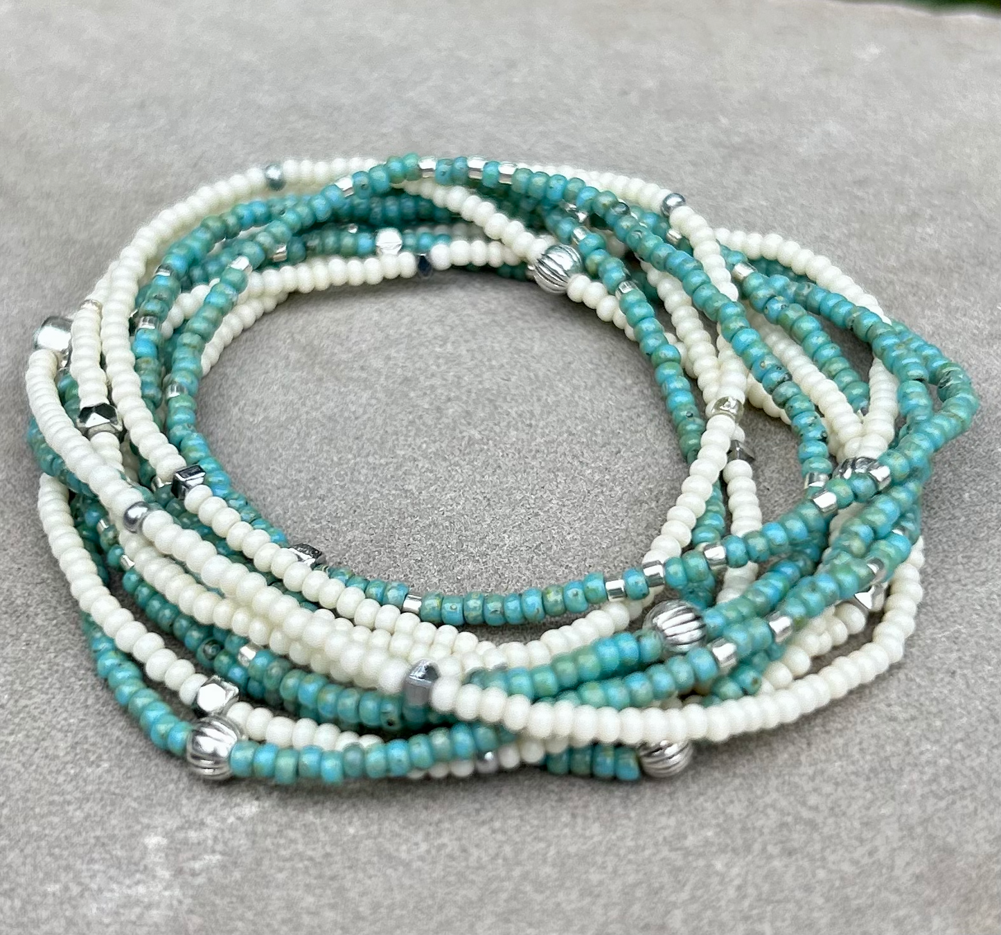 Speckled Turquoise & Silver-Sprinkled Beaded Boho Wrap Bracelet