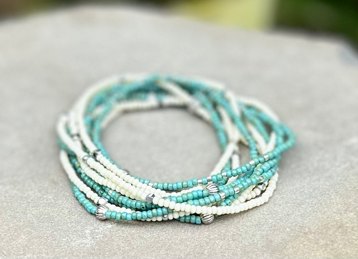 Speckled Turquoise & Silver-Sprinkled Beaded Boho Wrap Bracelet