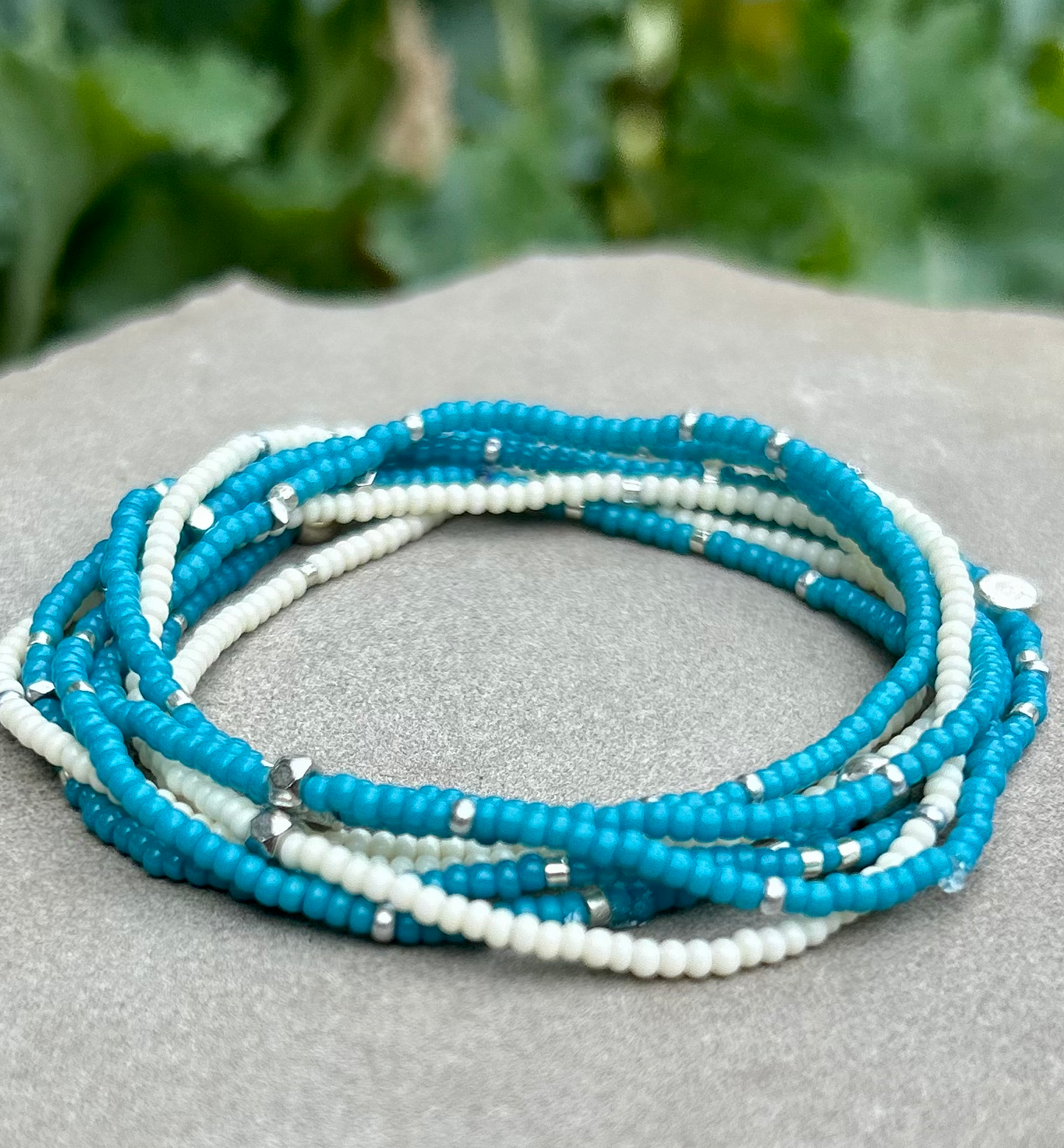 Double-Up 2-Piece Azure & White Silver-Sprinkle Beaded Bracelet
