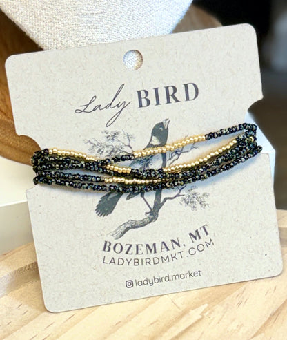 Speckled Black & Silver or Gold Striped or Sprinkled Seed Bead Wrap Bracelet or Necklace