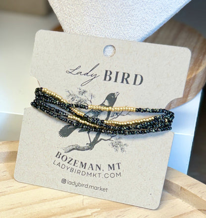 Speckled Black & Silver or Gold Striped or Sprinkled Seed Bead Wrap Bracelet or Necklace