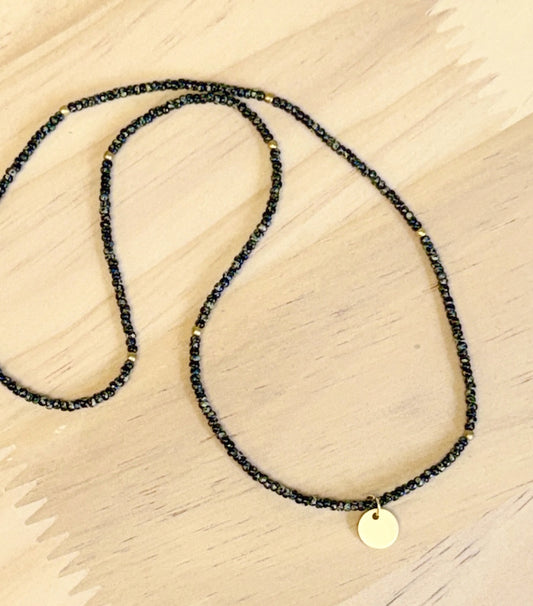 Speckled Black Stretchy Seed Bead Necklace with Brushed Gold Circle Charm