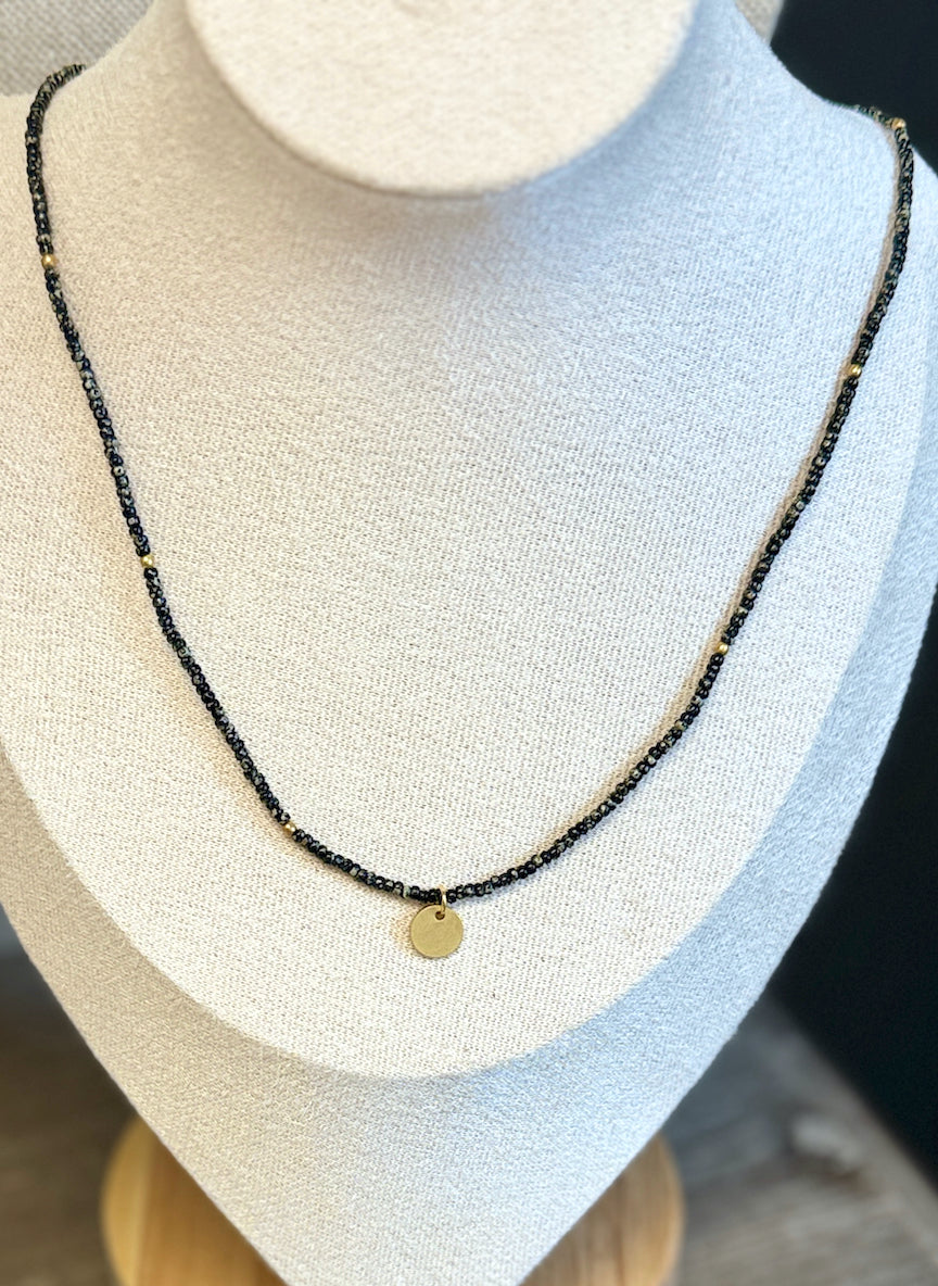 Speckled Black Stretchy Seed Bead Necklace with Brushed Gold Circle Charm