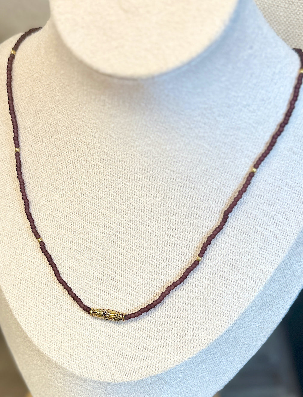 Plum Purple Stretchy Seed Bead Necklace with Gold Western Floral Charm