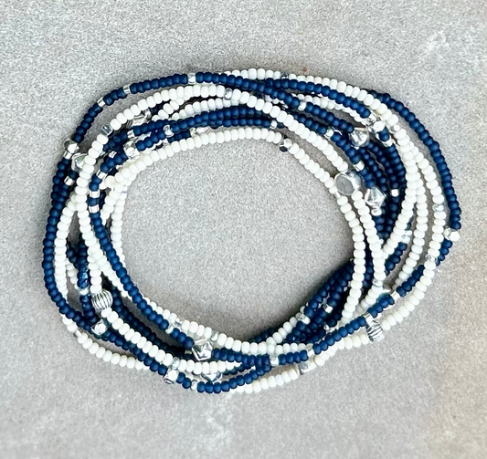 Double-Up 2-Piece Navy Blue Silver-Sprinkled Beaded Wrap Bracelet