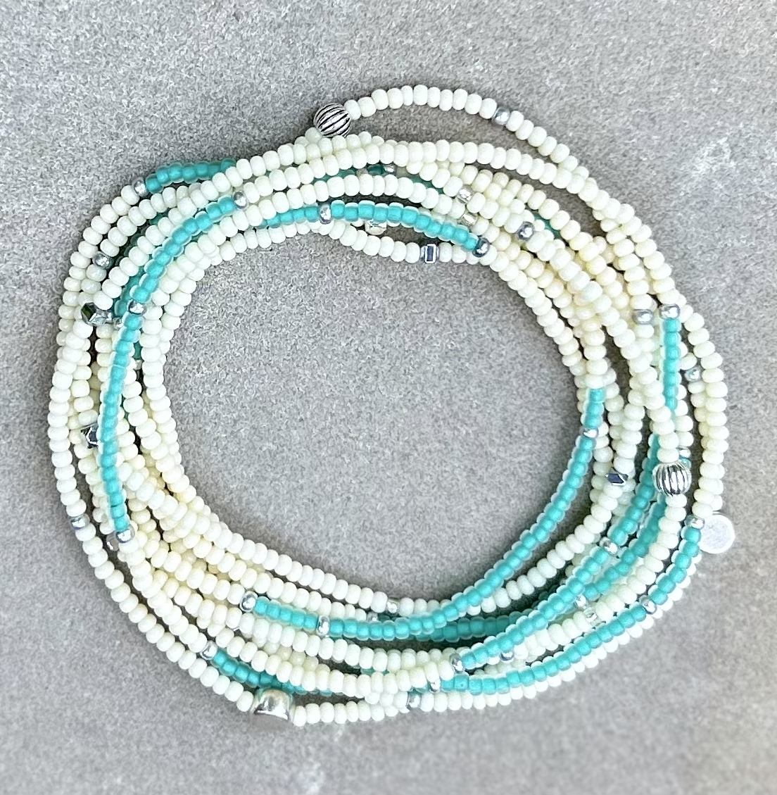Double-Up 2-Piece Translucent Turquoise & White Silver-Sprinkle Beaded Wrap Bracelet