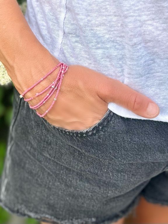 Fuchsia Silver-Sprinkled Beaded 5-Wrap Bracelet