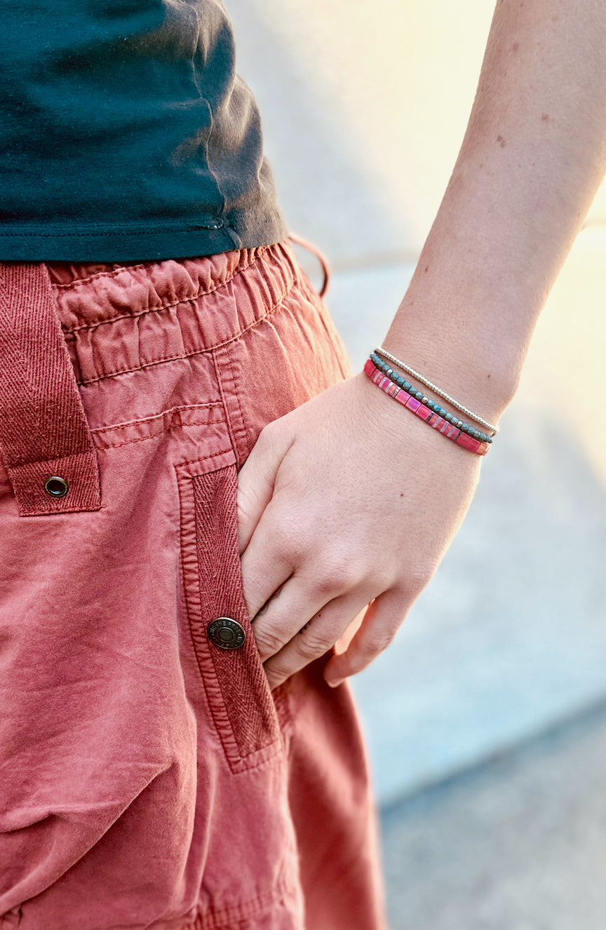 Magenta Sunset & Steel Grey Gold or Silver Stretchy Tila Bead Bracelet Stack