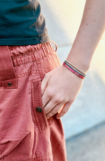 Magenta Sunset & Steel Grey Gold or Silver Stretchy Tila Bead Bracelet Stack