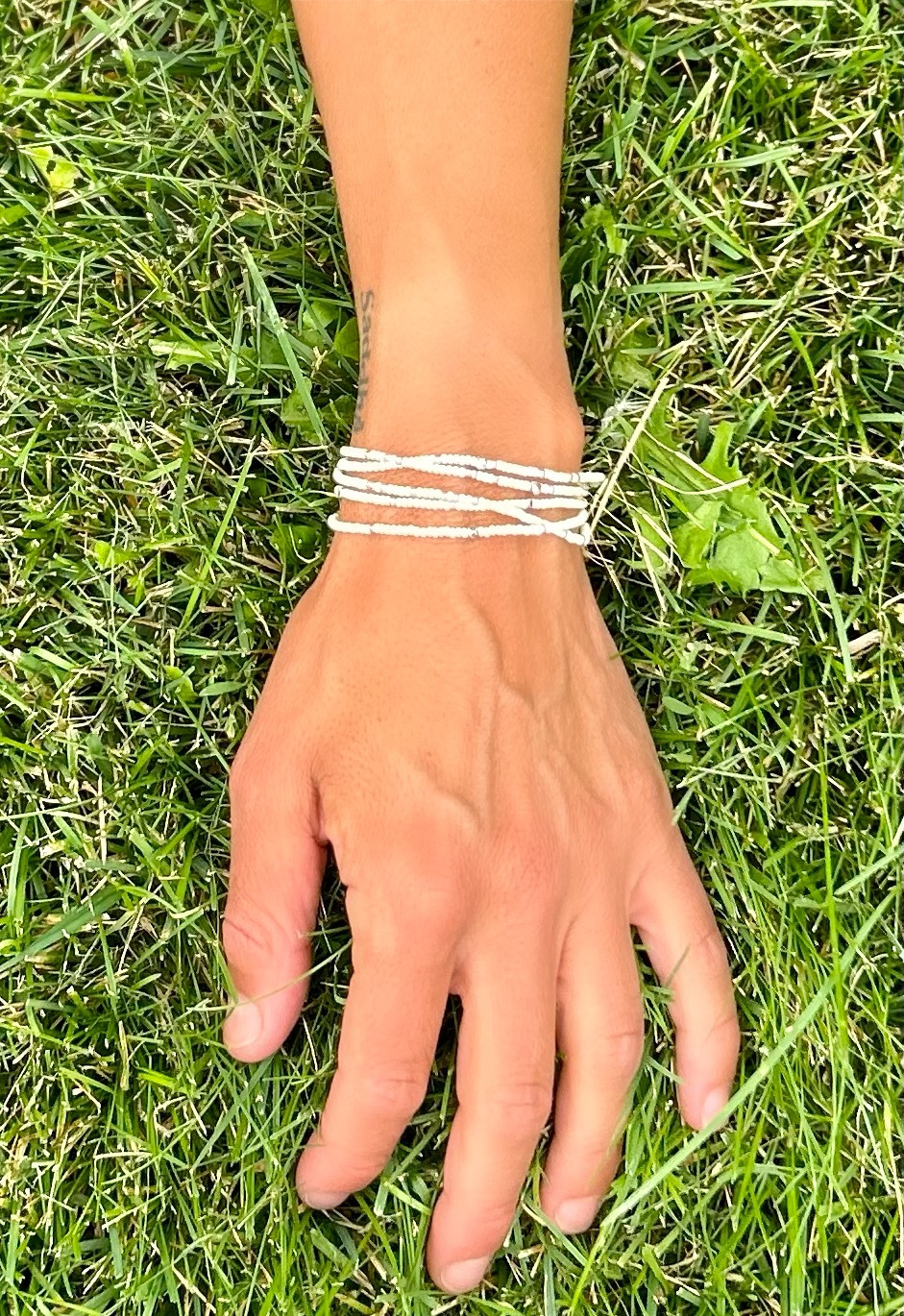 Creamy White Silver-Sprinkled Beaded 5-Wrap Boho Bracelet